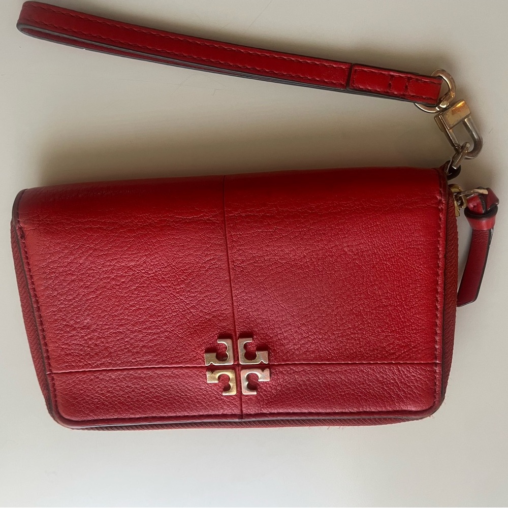 Tory Burch Red Leather Wristlet with Gold Logo